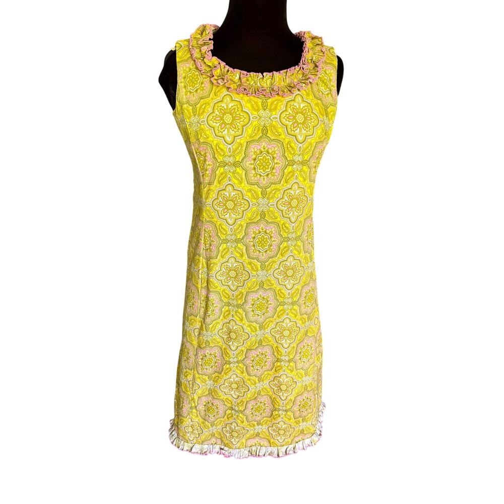 Vintage 60’s McMullen Chartreuse Yellow Ruffle Sleeveless Maxi Dress XS Small